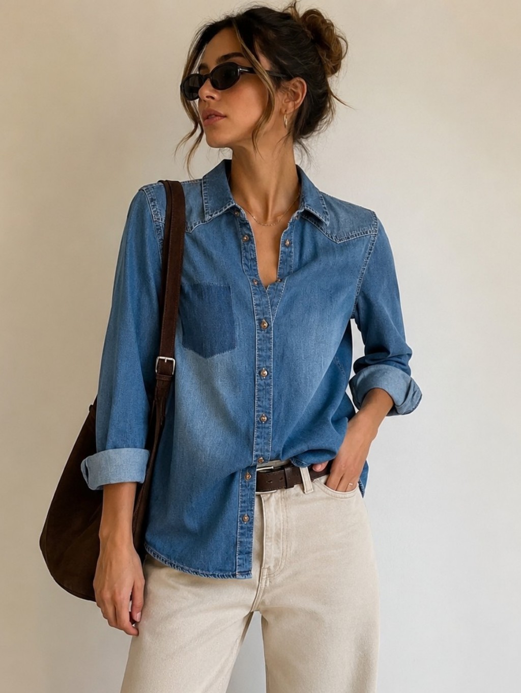 Jacqueline De Yong | Light Wash Denim Button-Up Shirt, Size 34